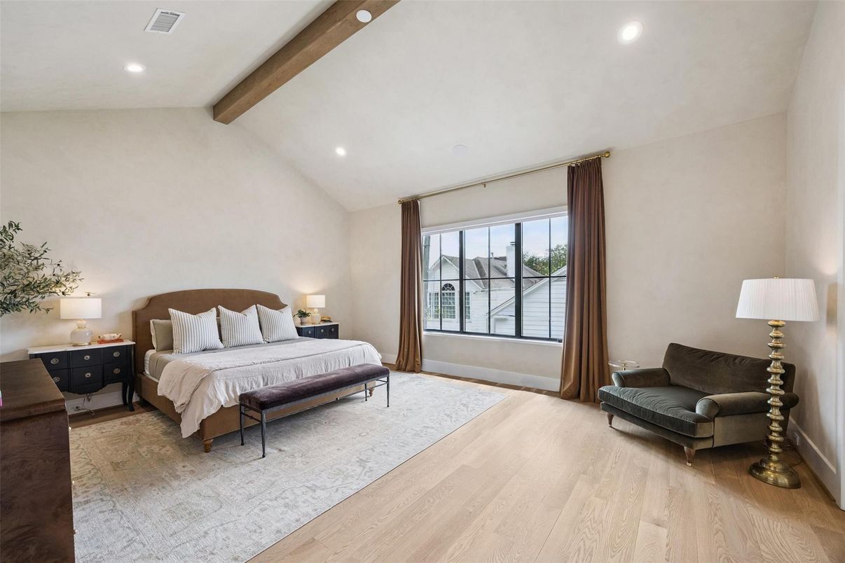 Bedroom, Interior, Recessed Lighting, Wooden Beams, Wood Texture Flooring