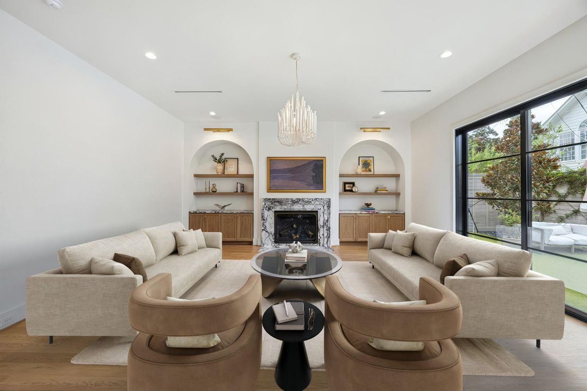 Chandelier, Fireplace, Interior, Living room, Recessed Lighting, Wood Texture Flooring