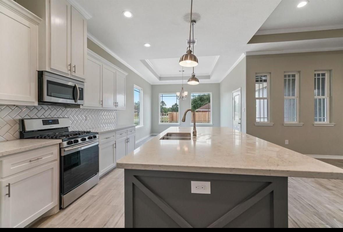 Interior, Kitchen, Pendant Lights, Recessed Lighting, Stainless Steel Appliances, Wood Texture Flooring