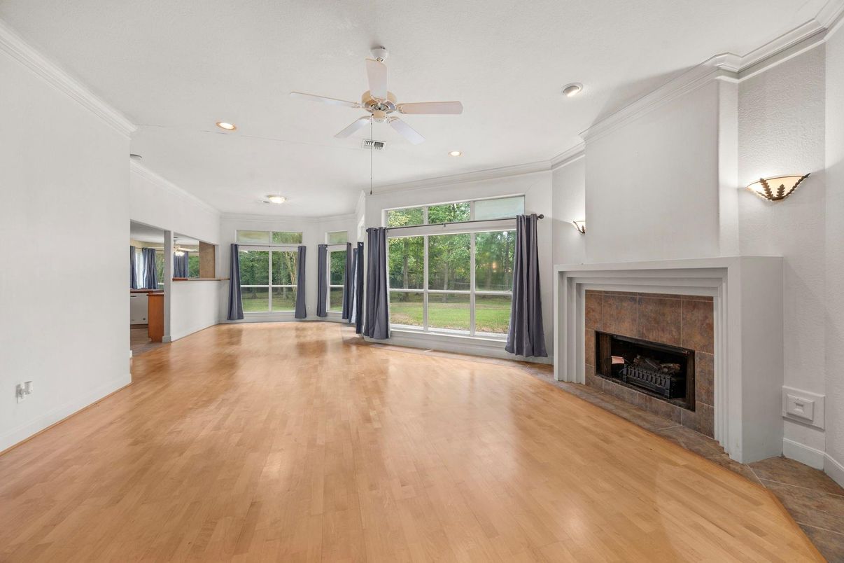 Empty room, Fireplace, Interior, Recessed Lighting, Wood Texture Flooring