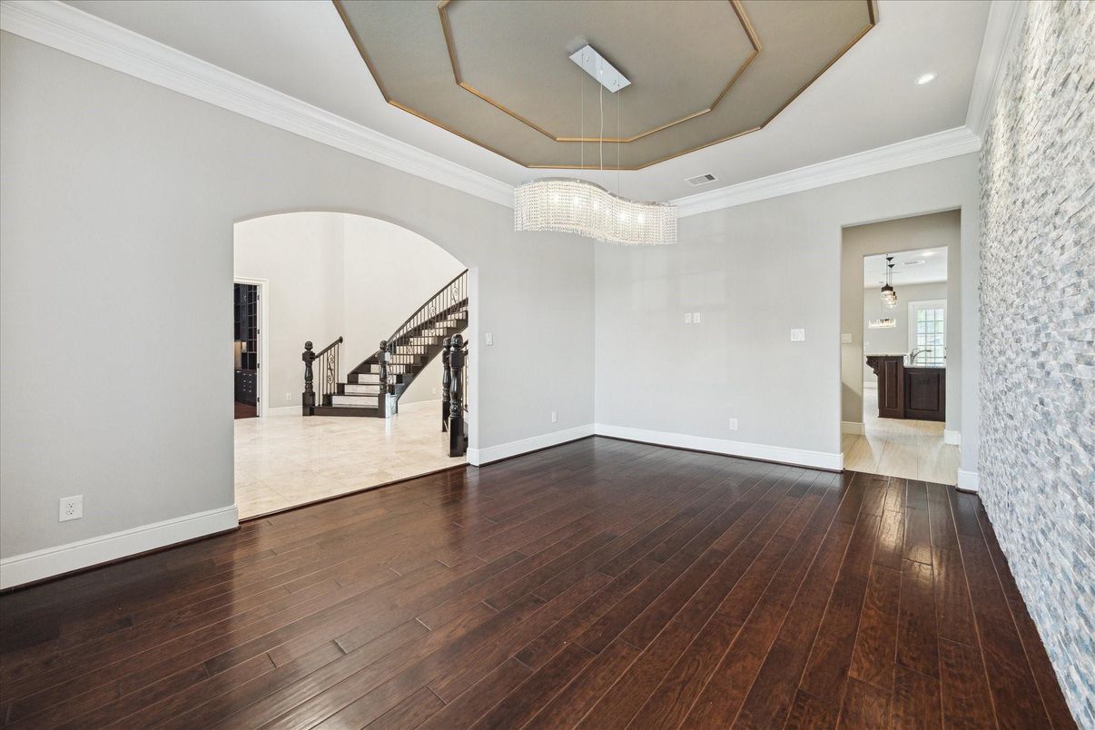 Chandelier, Empty room, Interior, Recessed Lighting, Wood Texture Flooring