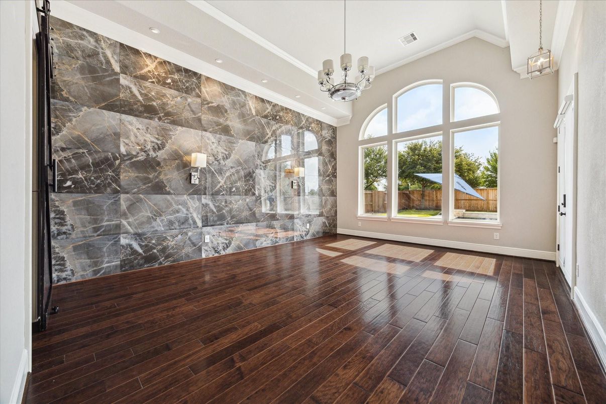 Chandelier, Empty room, Interior, Pendant Lights, Recessed Lighting, Wood Texture Flooring