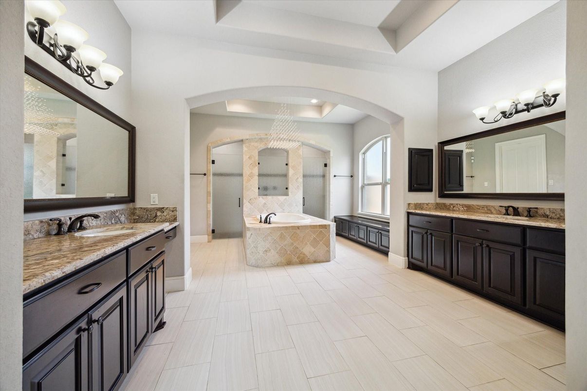 Bathroom, Chandelier, Dual Sink Vanities, Interior, Recessed Lighting