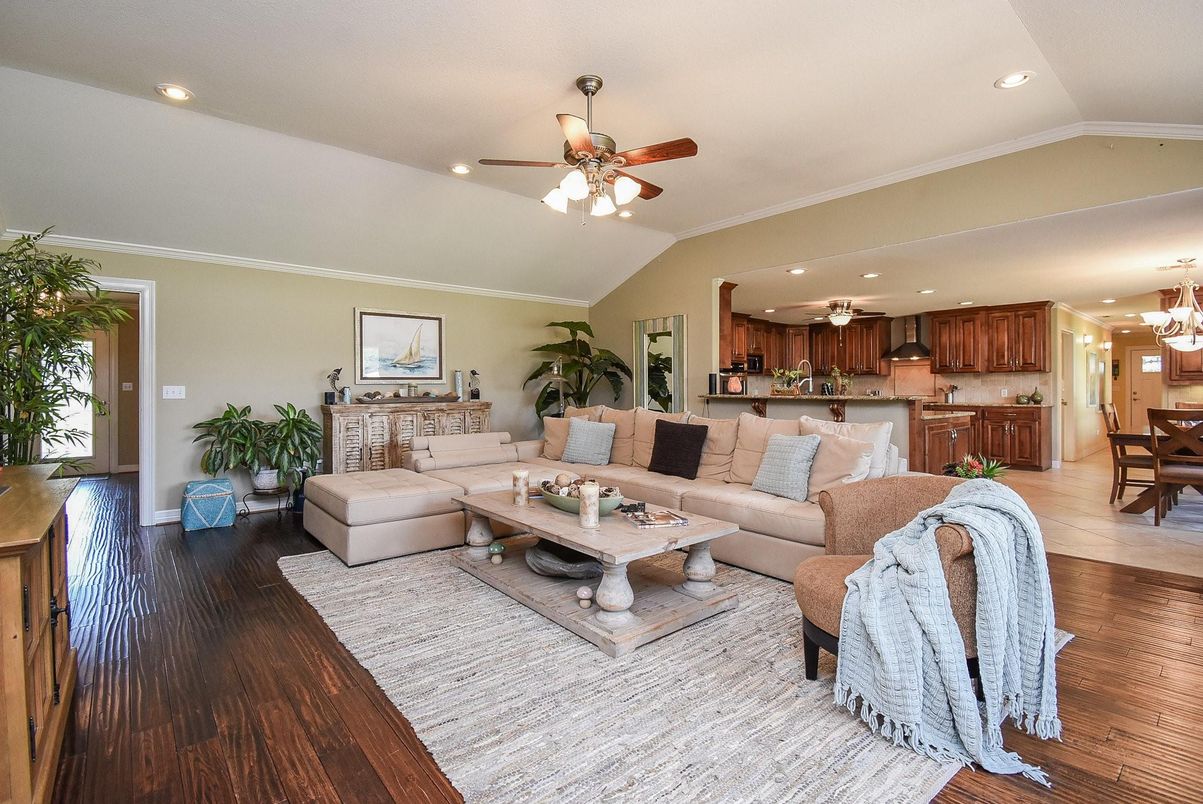 Chandelier, Dining room, Interior, Kitchen, Living room, Recessed Lighting, Wood Texture Flooring