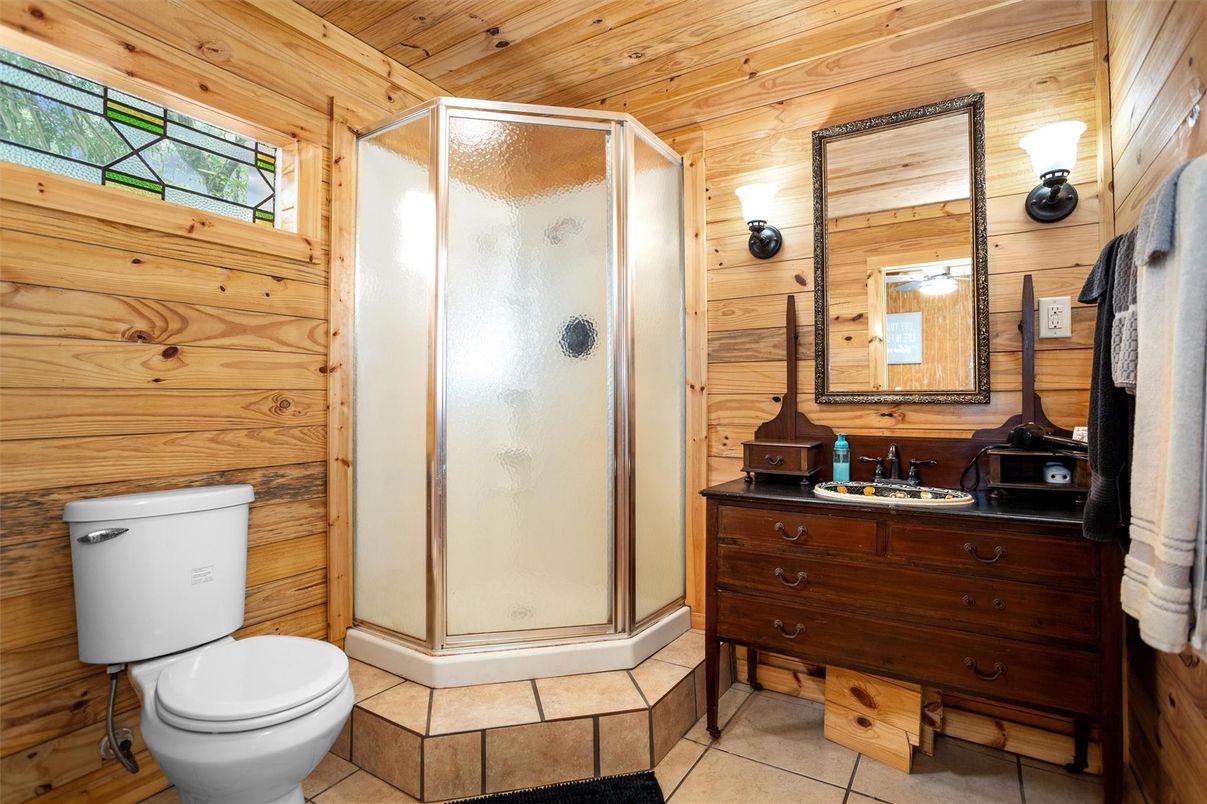 Bathroom, Glass Shower, Interior, Wooden Ceilings, Wooden Walls