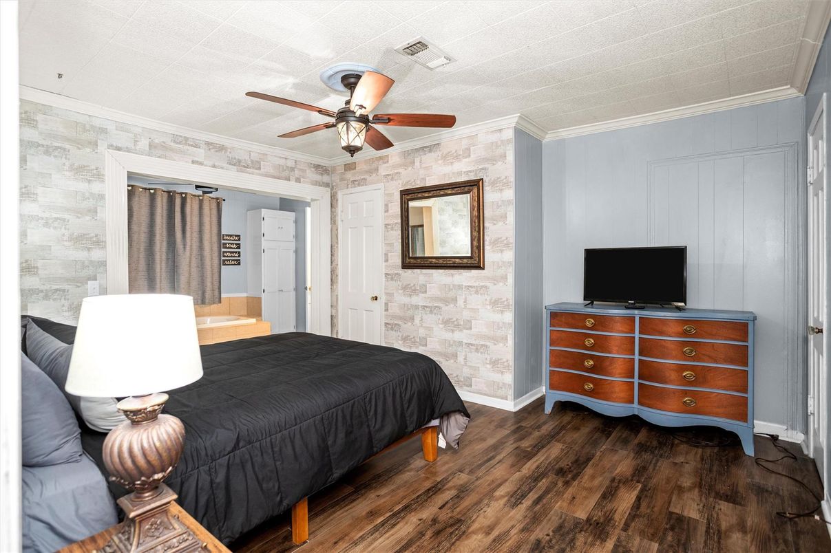 Bedroom, Interior, Stone Walls, Wood Texture Flooring