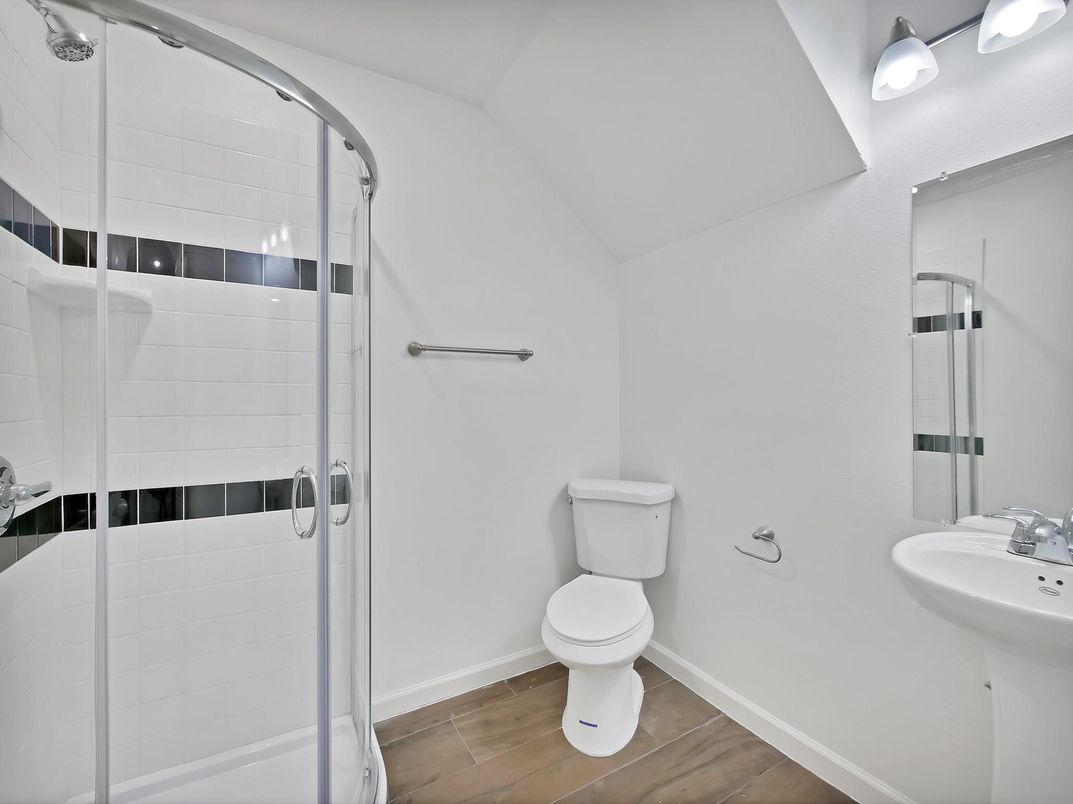 Bathroom, Glass Shower, Interior, Wood Texture Flooring