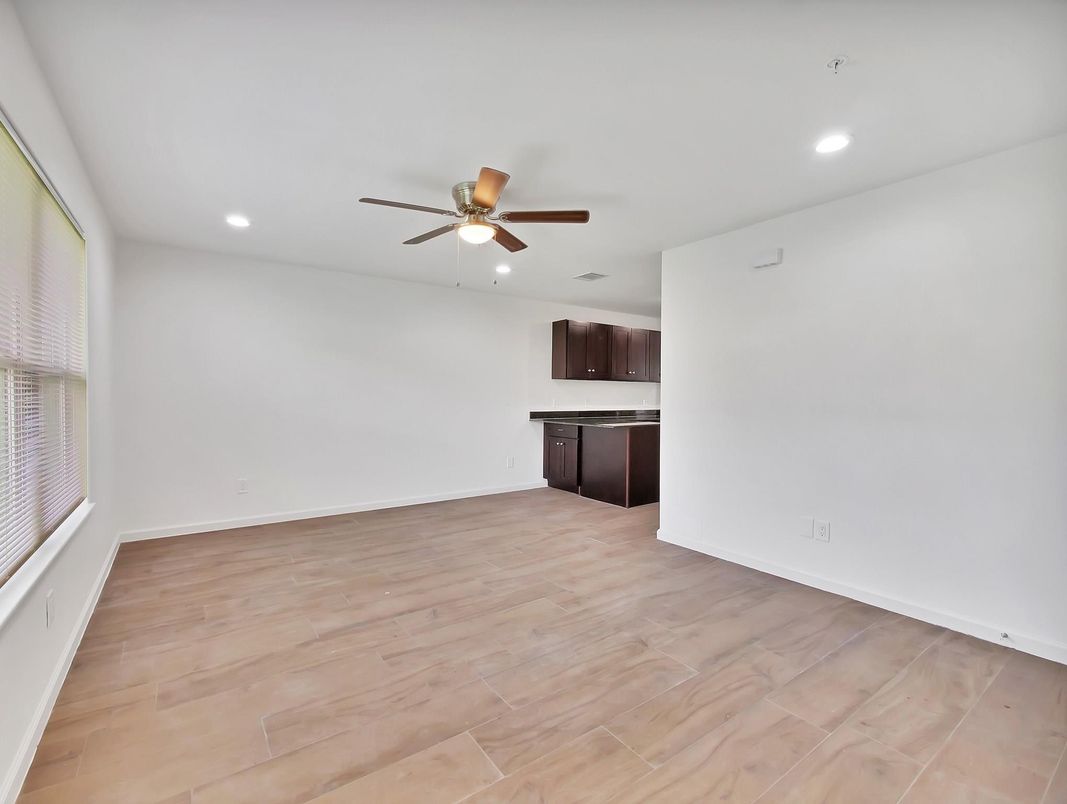 Empty room, Interior, Kitchen, Recessed Lighting, Wood Texture Flooring