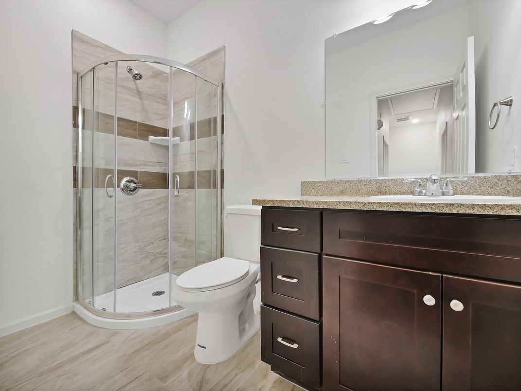 Bathroom, Glass Shower, Interior, Wood Texture Flooring