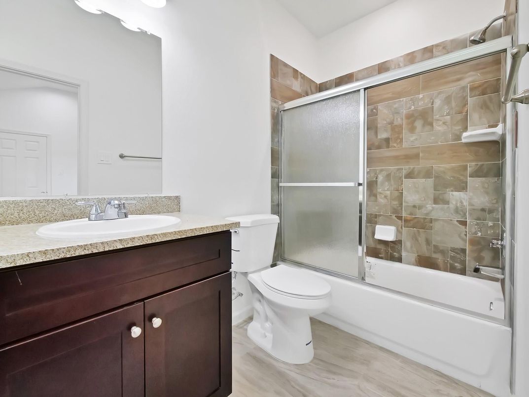 Bathroom, Glass Shower, Interior, Wood Texture Flooring