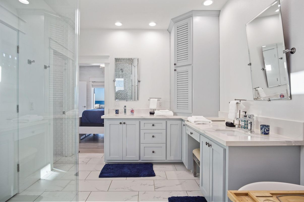 Bathroom, Dual Sink Vanities, Glass Shower, Interior, Marble, Recessed Lighting