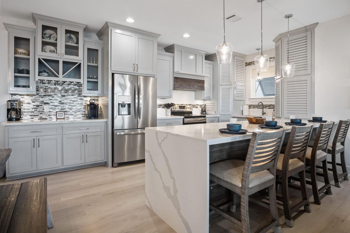 Interior, Kitchen, Pendant Lights, Recessed Lighting, Stainless Steel Appliances, Wood Texture Flooring