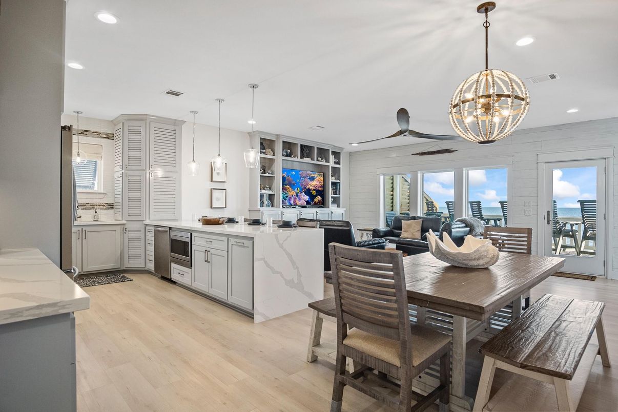Dining room, Interior, Kitchen, Living room, Pendant Lights, Recessed Lighting, Water, Wood Texture Flooring