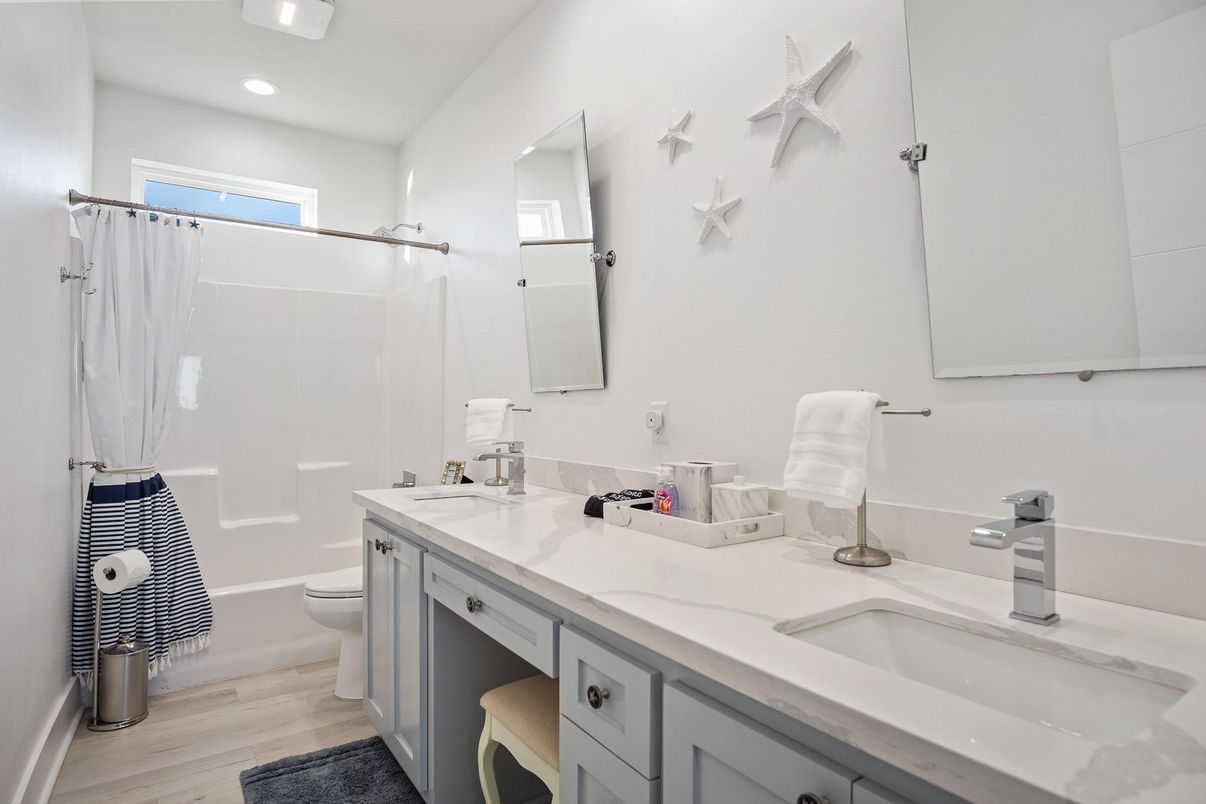 Bathroom, Dual Sink Vanities, Interior, Recessed Lighting, Wood Texture Flooring