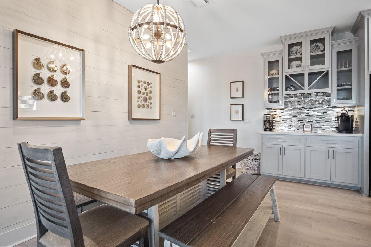 Dining room, Interior, Pendant Lights, Wood Texture Flooring