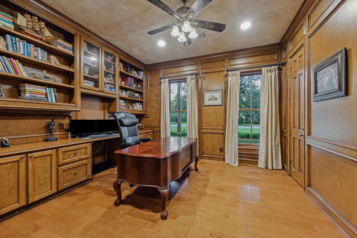 Home Office, Interior, Recessed Lighting, Wood Texture Flooring, Wooden Walls