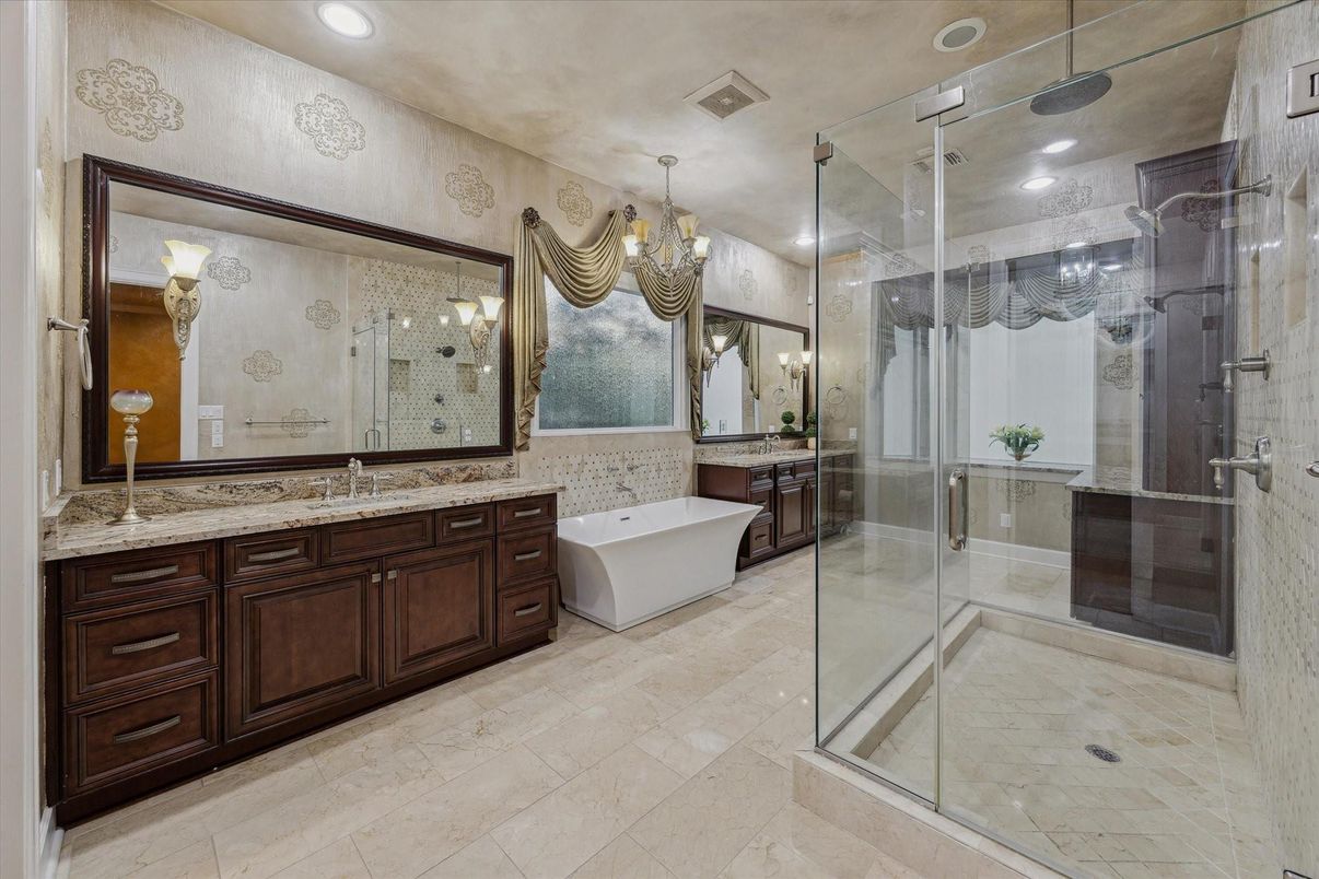 Bathroom, Chandelier, Dual Sink Vanities, Free Standing Baths, Glass Shower, Interior, Recessed Lighting