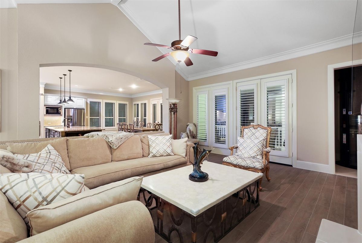 Interior, Kitchen, Living room, Recessed Lighting, Stainless Steel Appliances, Wood Texture Flooring