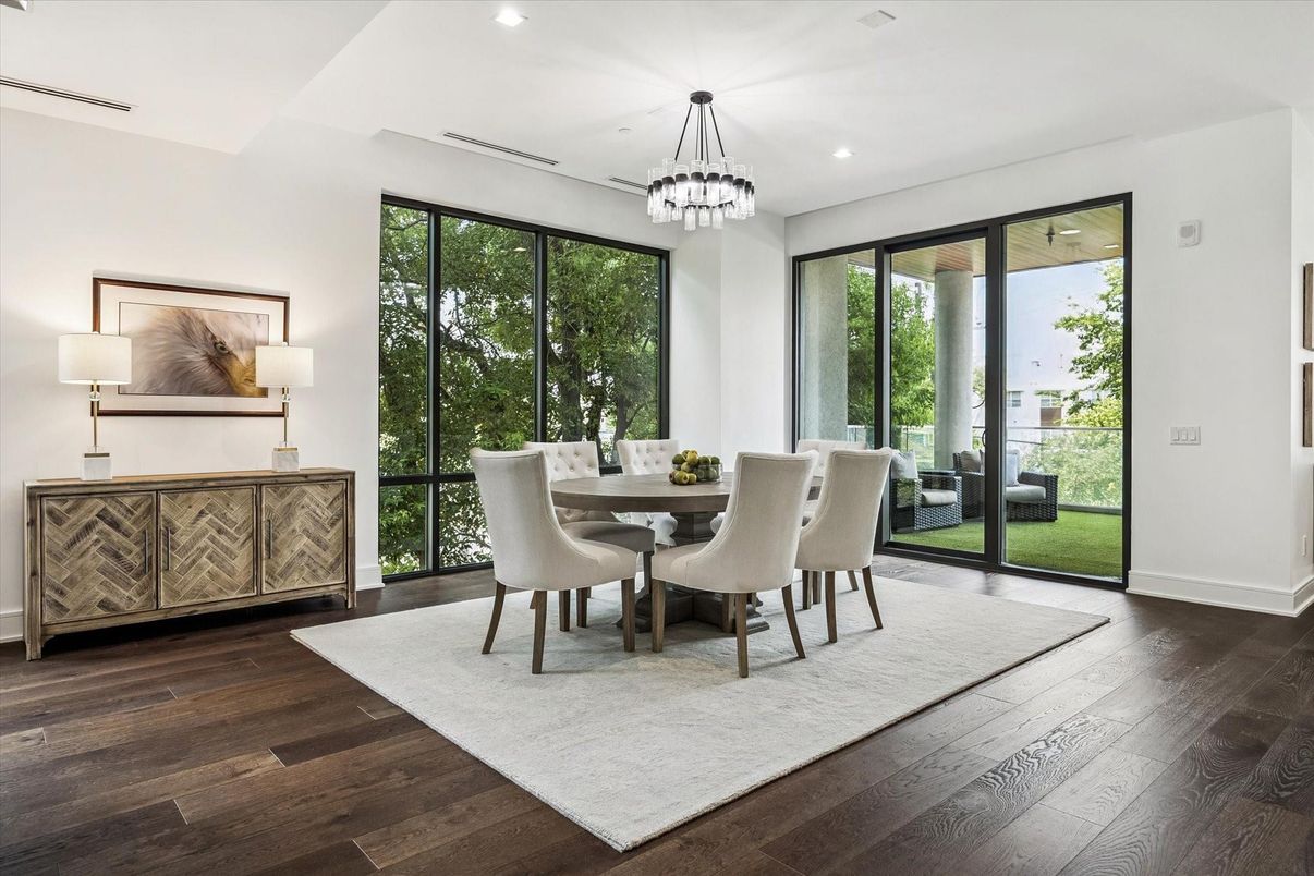 Dining room, Interior, Pendant Lights, Recessed Lighting, Wood Texture Flooring