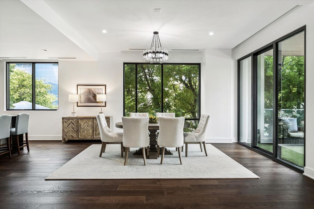 Dining room, Interior, Pendant Lights, Recessed Lighting, Wood Texture Flooring