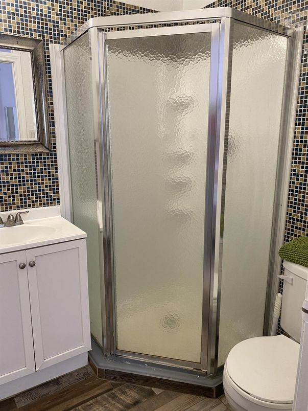 Bathroom, Glass Shower, Interior, Wood Texture Flooring