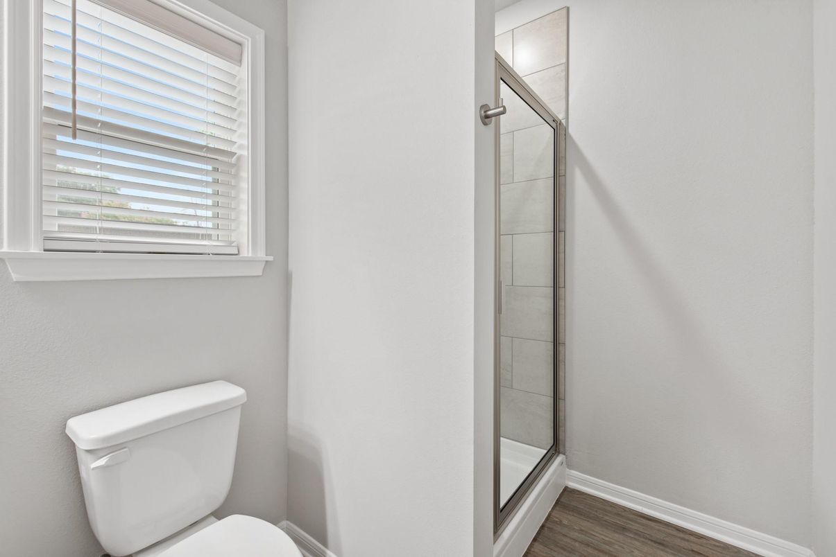 Bathroom, Glass Shower, Interior, Wood Texture Flooring