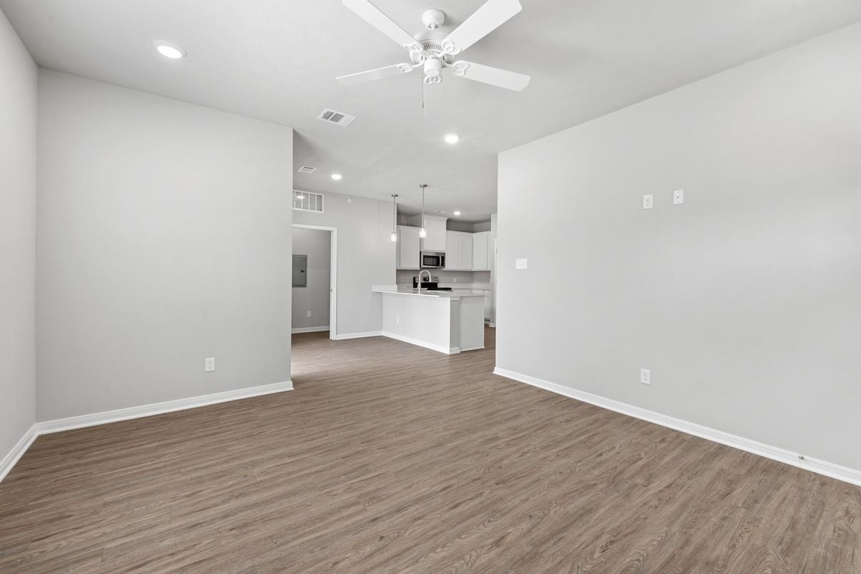 Empty room, Interior, Kitchen, Pendant Lights, Recessed Lighting, Wood Texture Flooring