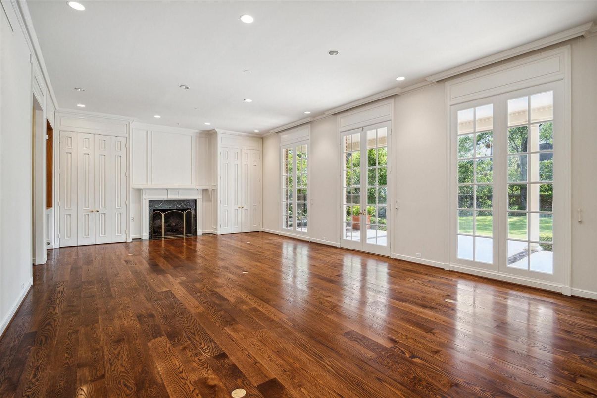 Empty room, Fireplace, Interior, Recessed Lighting, Wood Texture Flooring