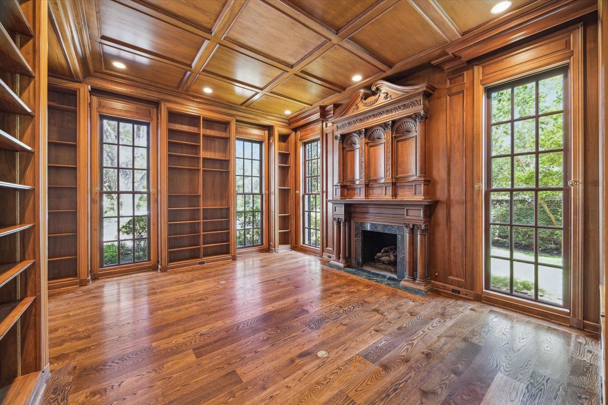 Empty room, Fireplace, Interior, Recessed Lighting, Wooden Ceilings, Wood Texture Flooring, Wooden Walls