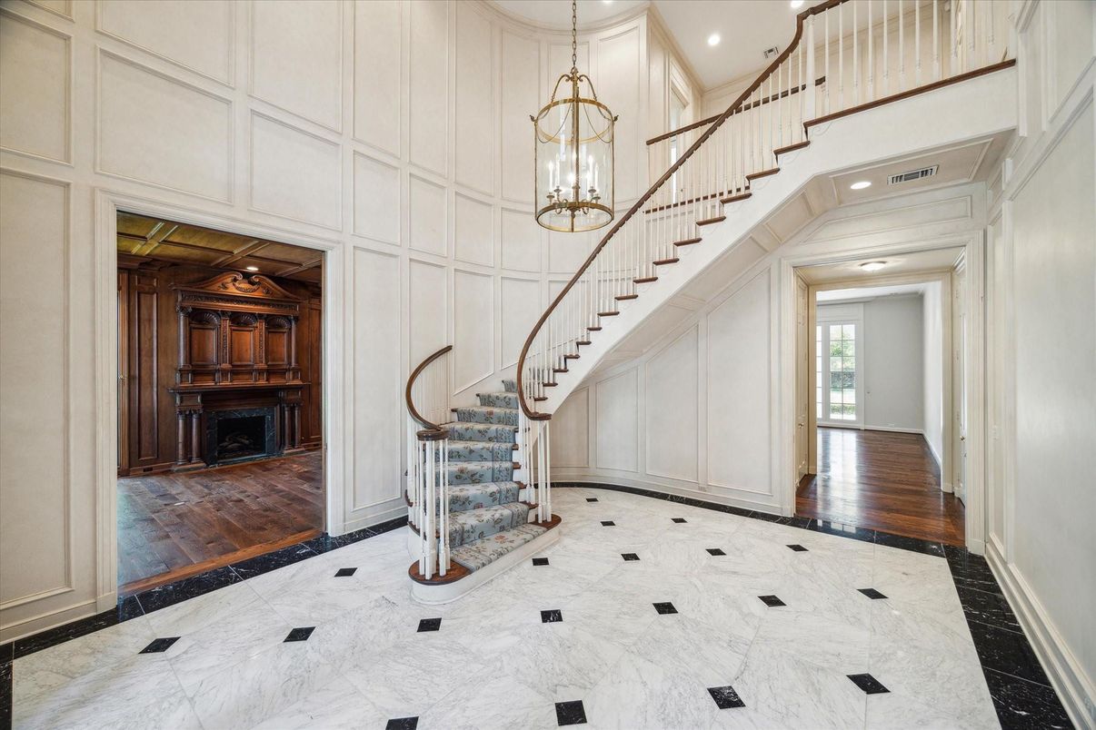 Fireplace, Interior, Marble, Pendant Lights, Recessed Lighting, Wood Texture Flooring