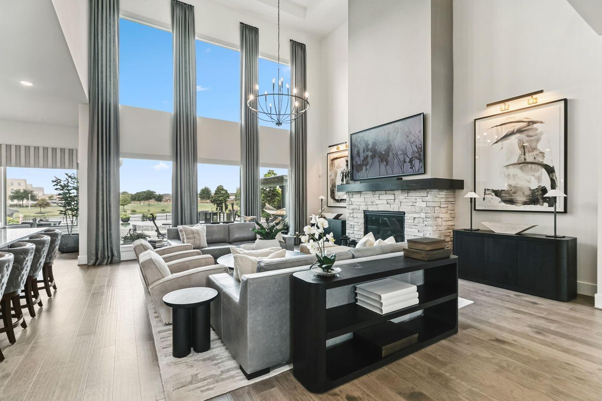 Chandelier, Fireplace, Interior, Living room, Pendant Lights, Recessed Lighting, Wood Texture Flooring