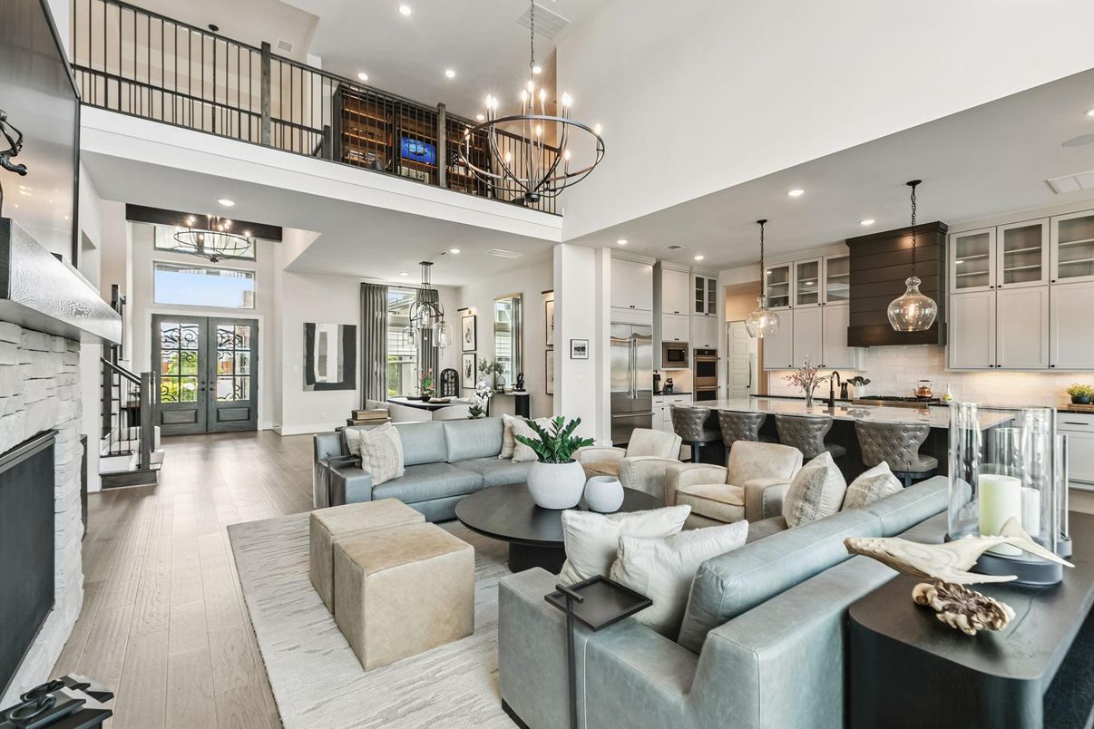 Chandelier, Dining room, Fireplace, Interior, Kitchen, Living room, Pendant Lights, Recessed Lighting, Wood Texture Flooring