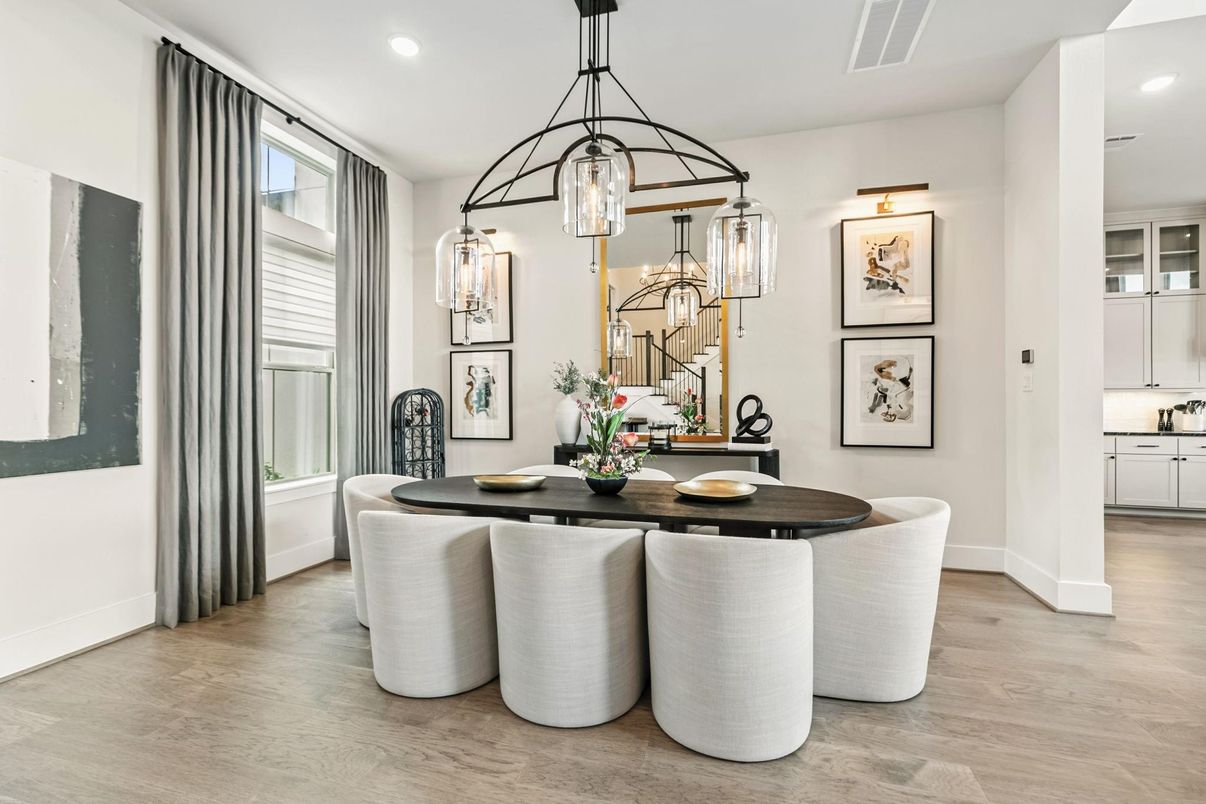 Dining room, Interior, Pendant Lights, Recessed Lighting, Wood Texture Flooring