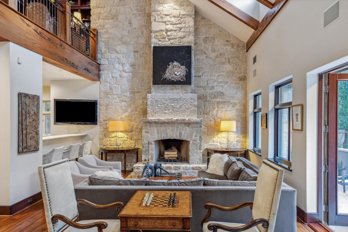 Fireplace, Interior, Living room, Stone Walls, Wood Texture Flooring