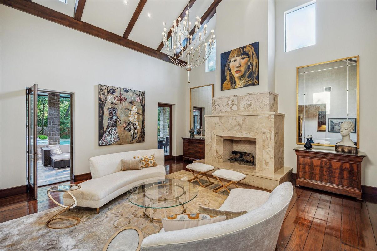 Chandelier, Fireplace, Interior, Living room, Recessed Lighting, Wood Texture Flooring