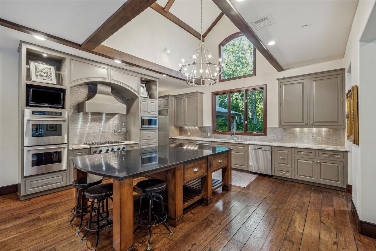 Chandelier, Interior, Kitchen, Pendant Lights, Recessed Lighting, Stainless Steel Appliances, Wooden Beams, Wood Texture Flooring