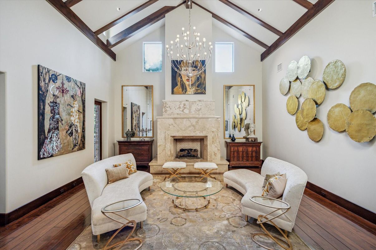 Chandelier, Fireplace, Interior, Living room, Pendant Lights, Recessed Lighting, Wooden Beams, Wood Texture Flooring