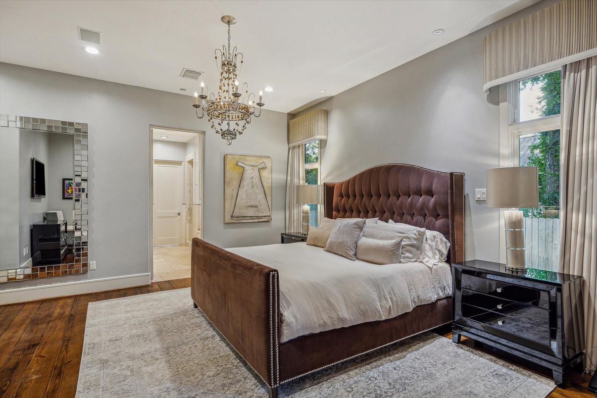 Bedroom, Chandelier, Interior, Recessed Lighting, Wood Texture Flooring