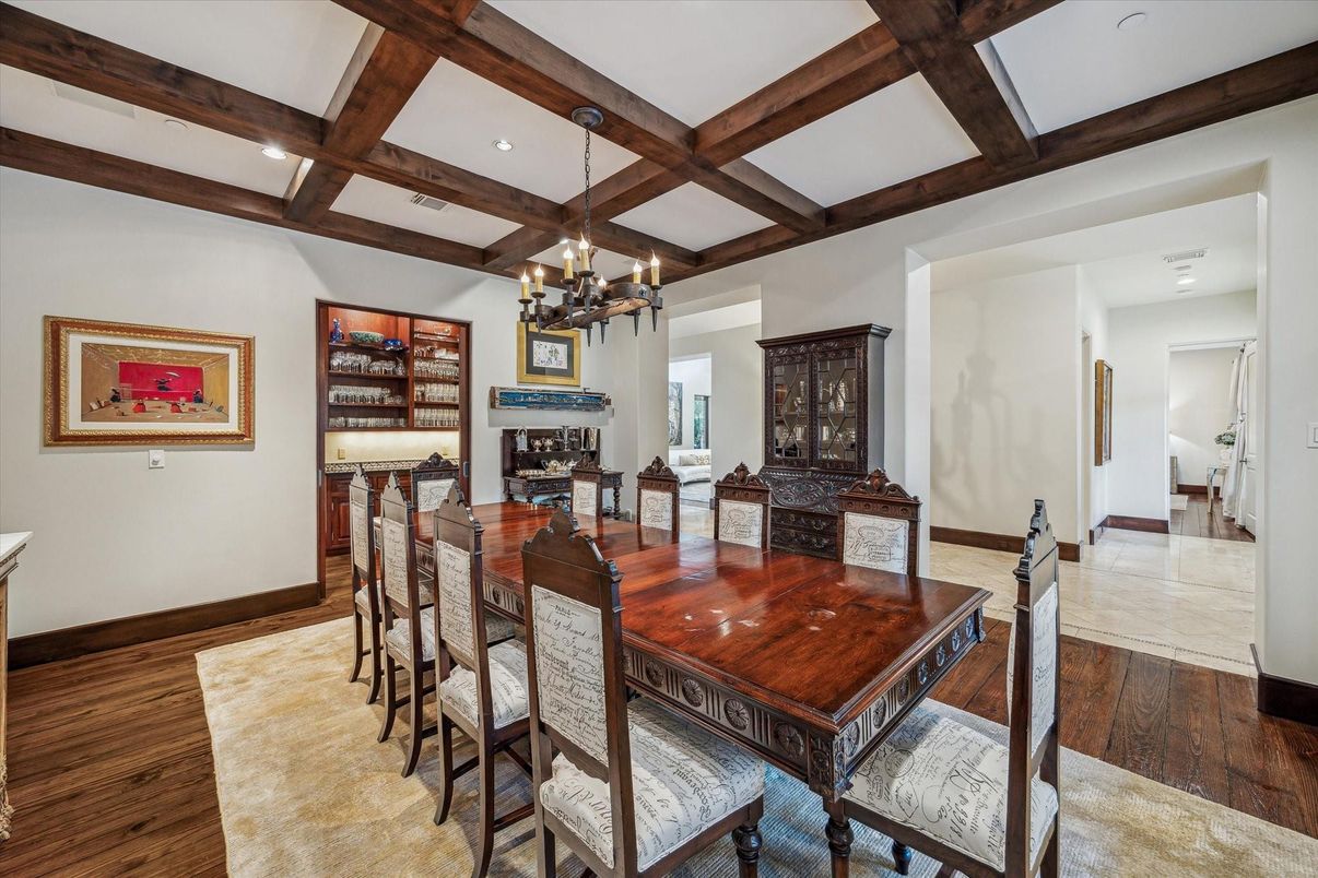 Chandelier, Dining room, Fireplace, Interior, Recessed Lighting, Wooden Beams, Wood Texture Flooring