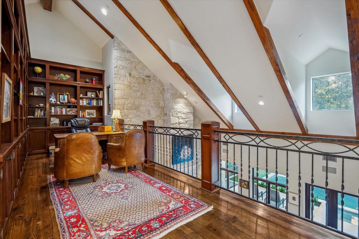 Fireplace, Home Office, Interior, Recessed Lighting, Stone Walls, Wooden Beams, Wood Texture Flooring