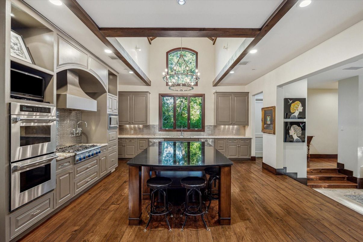 Interior, Kitchen, Recessed Lighting, Stainless Steel Appliances, Wooden Beams, Wood Texture Flooring