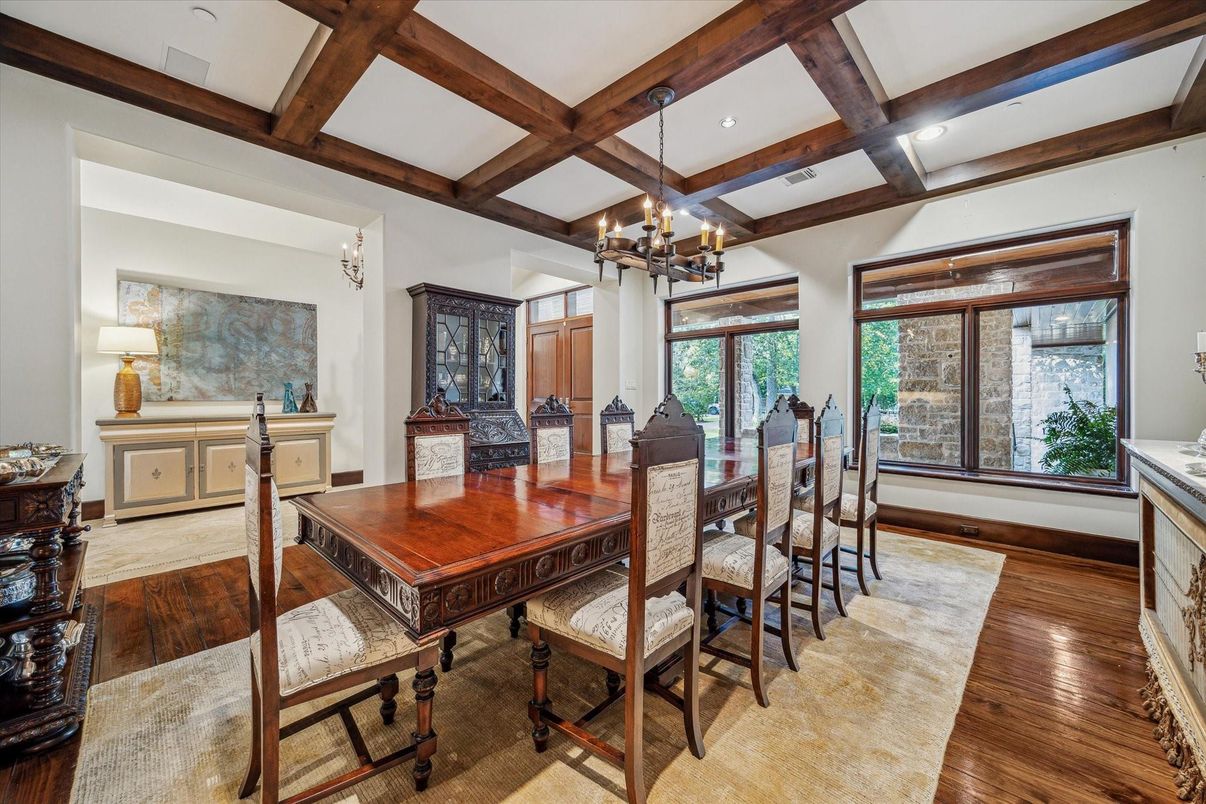 Chandelier, Dining room, Interior, Recessed Lighting, Wooden Beams, Wood Texture Flooring