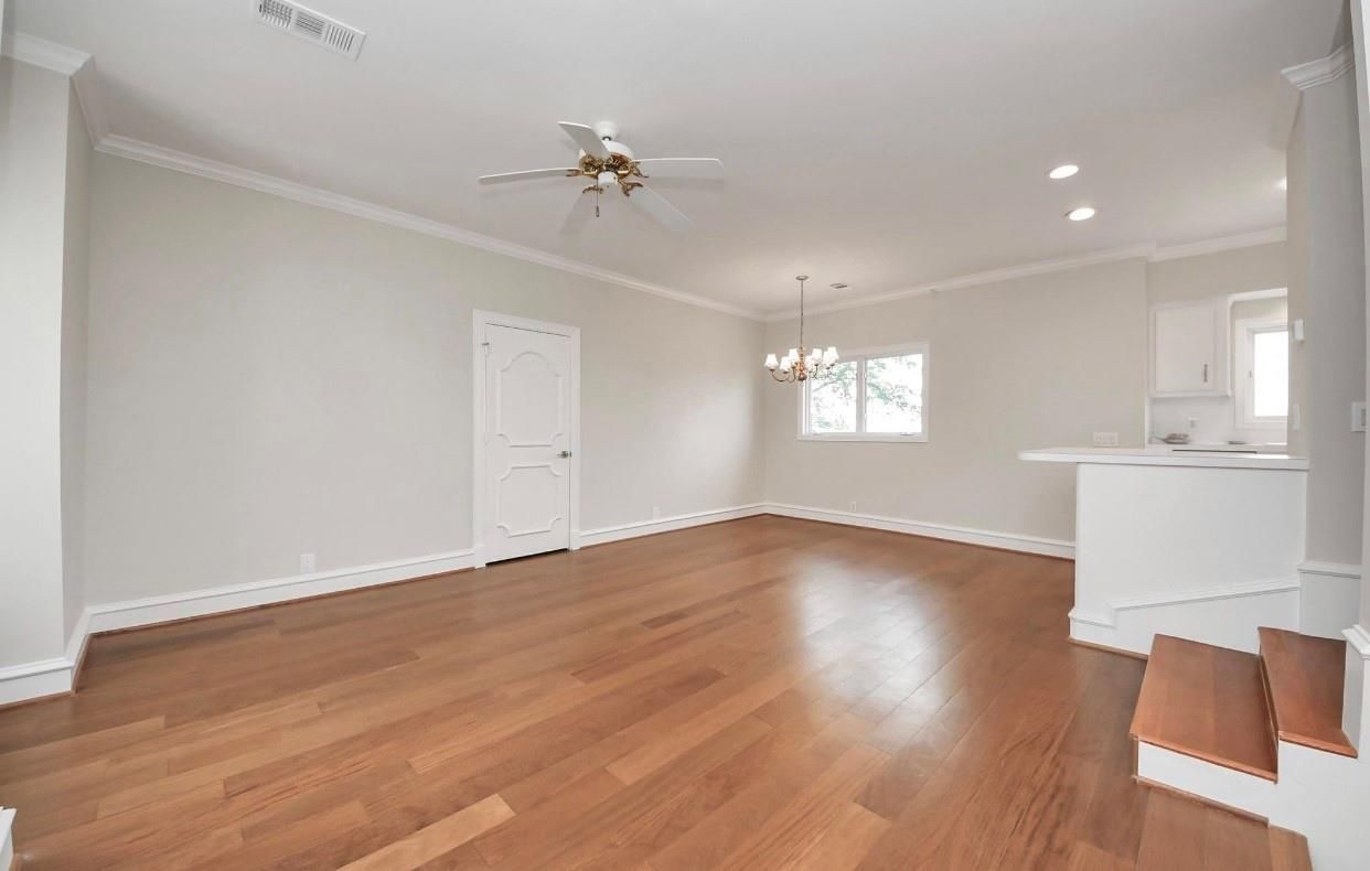 Chandelier, Empty room, Interior, Recessed Lighting, Wood Texture Flooring