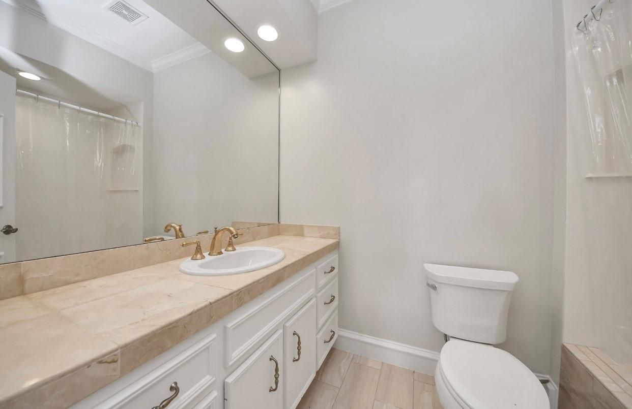 Bathroom, Interior, Recessed Lighting, Tile Countertops, Wood Texture Flooring