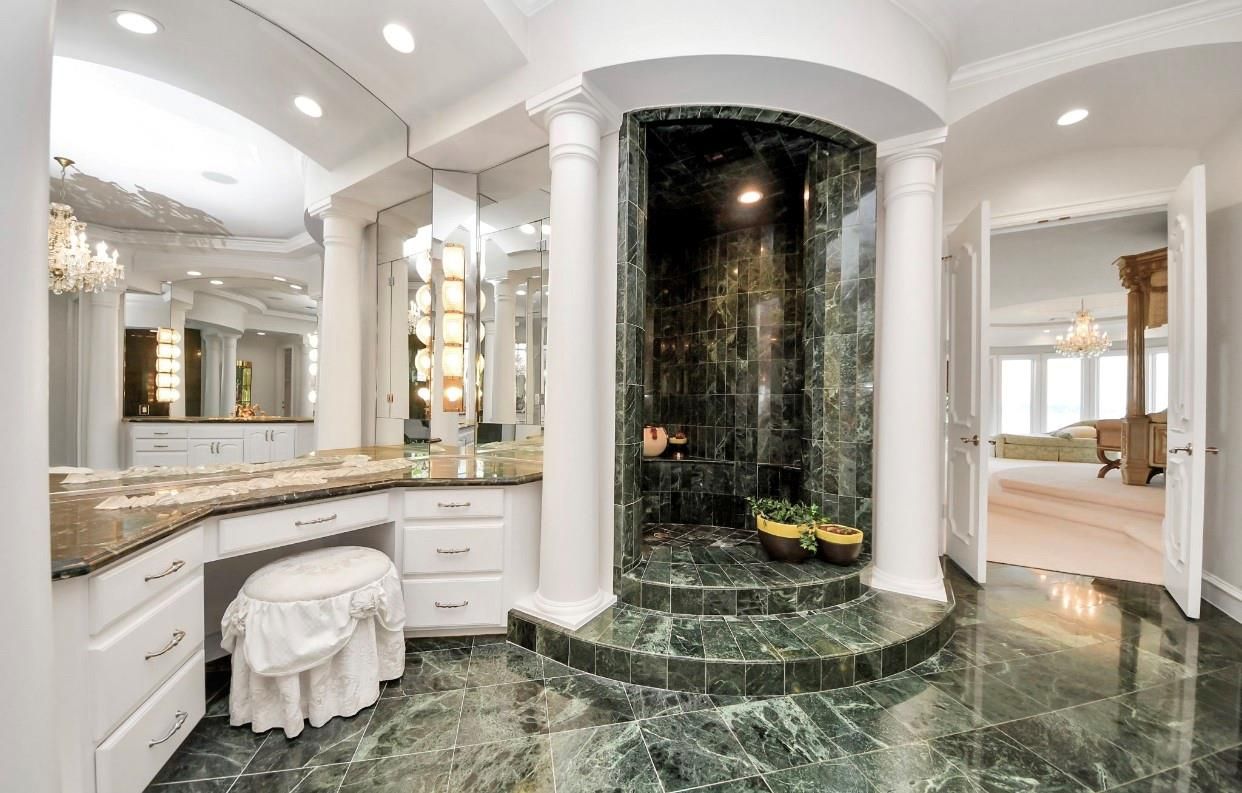 Bathroom, Chandelier, Glass Shower, Interior, Marble, Recessed Lighting
