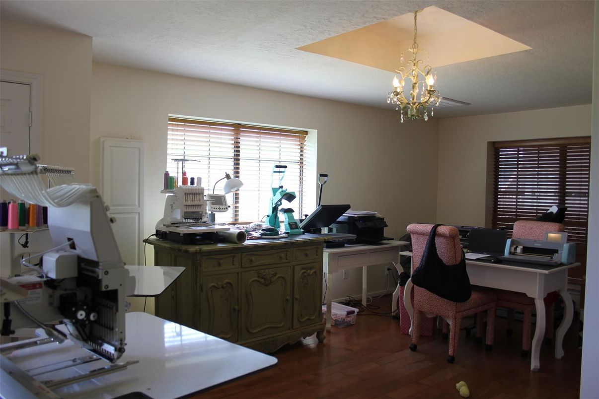 Chandelier, Home Office, Interior, Wood Texture Flooring