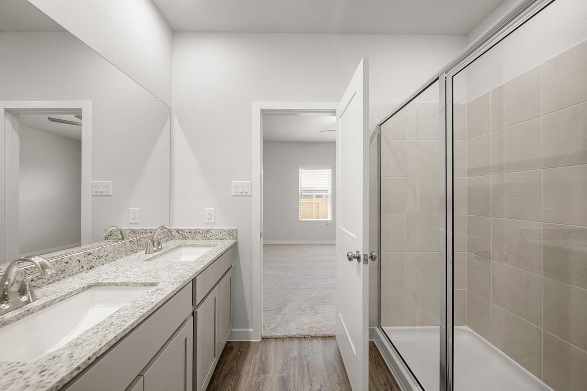 Bathroom, Dual Sink Vanities, Glass Shower, Interior, Wood Texture Flooring