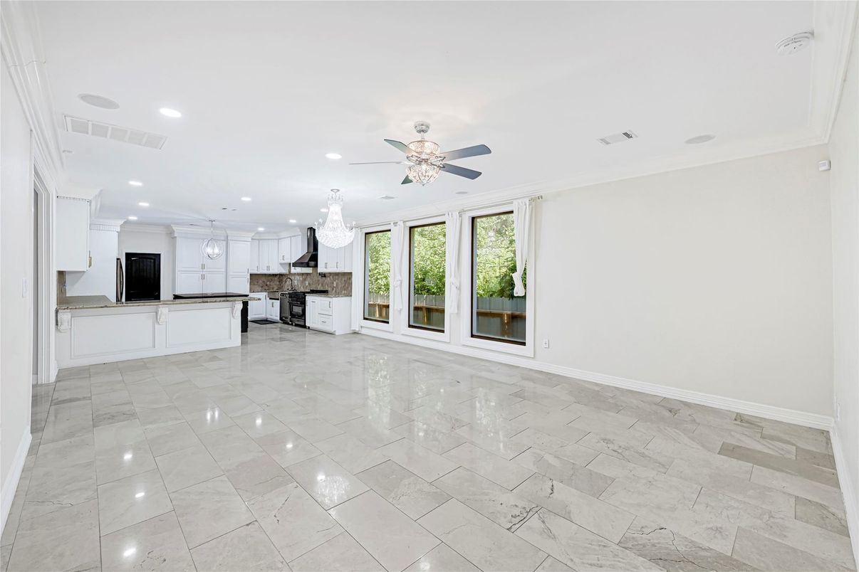 Chandelier, Empty room, Interior, Kitchen, Marble, Recessed Lighting