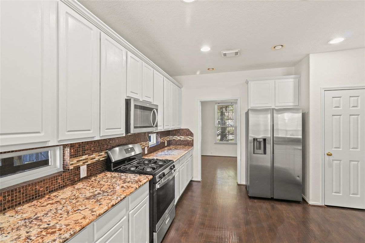 Interior, Kitchen, Recessed Lighting, Stainless Steel Appliances, Wood Texture Flooring