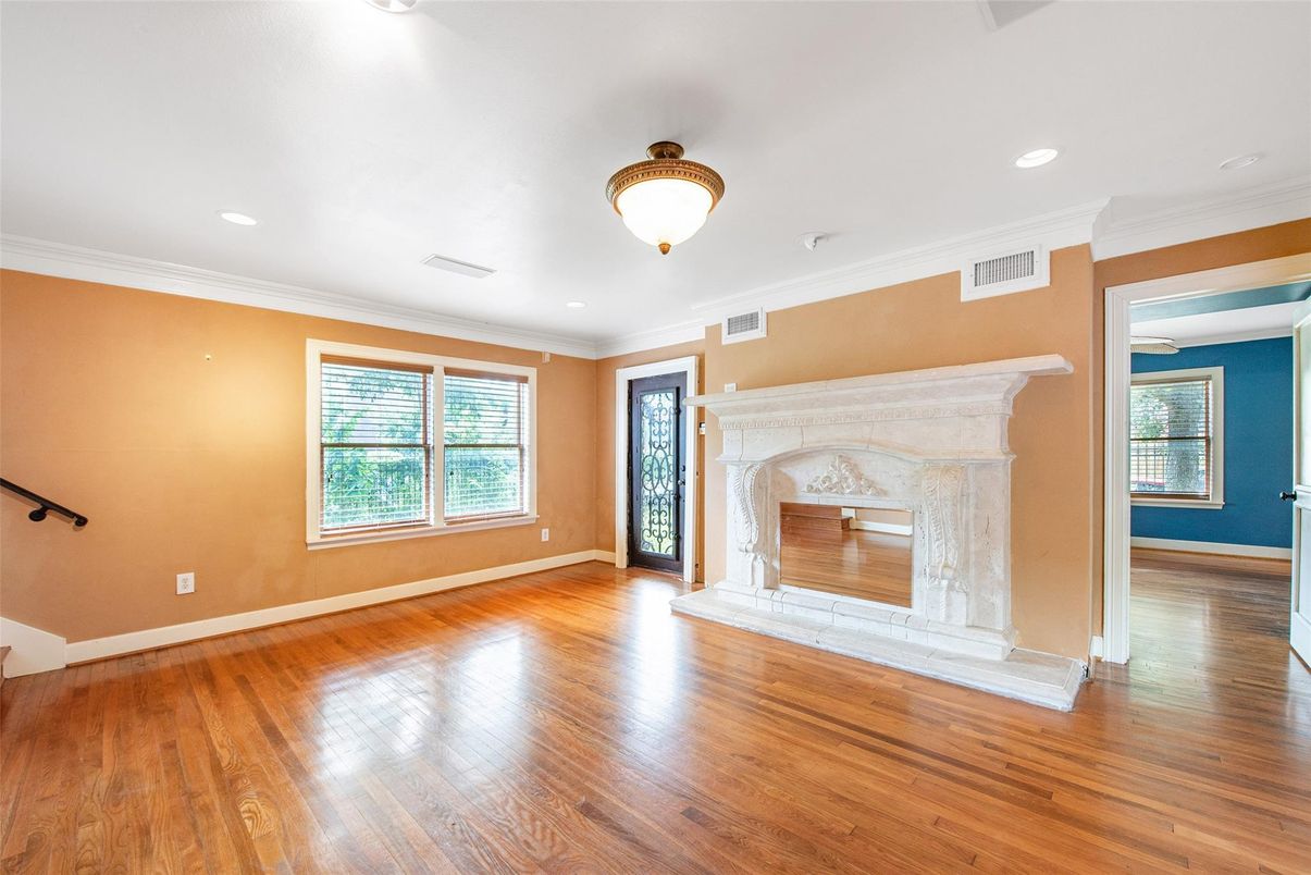 Empty room, Fireplace, Interior, Recessed Lighting, Wood Texture Flooring